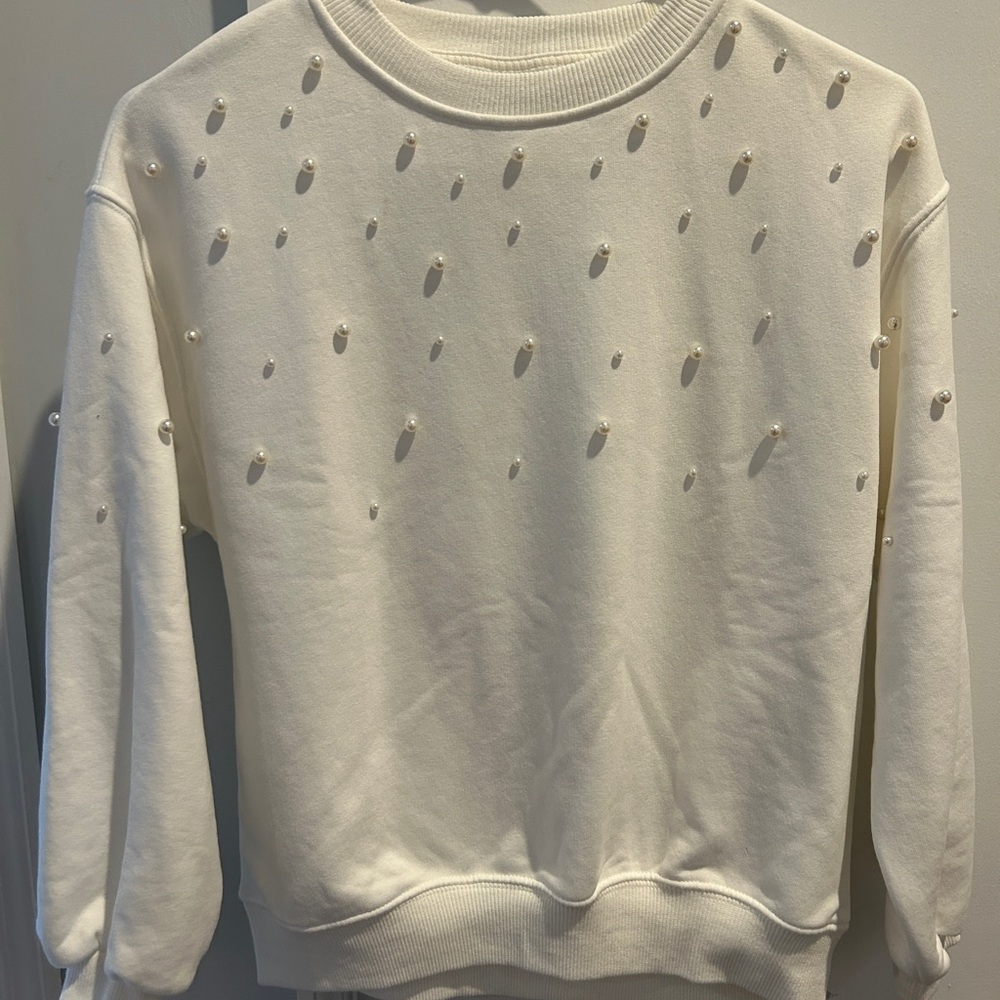 Zara Girls Oyster White Pearl-Studded Top